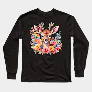 A deer decorated with beautiful watercolor flowers Long Sleeve T-Shirt